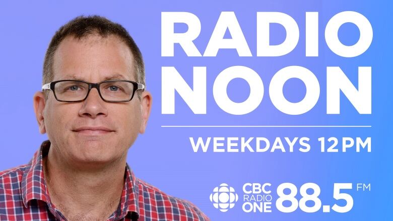 Shot of host Shawn Apel in a red and blue shirt with text saying show name and frequency.