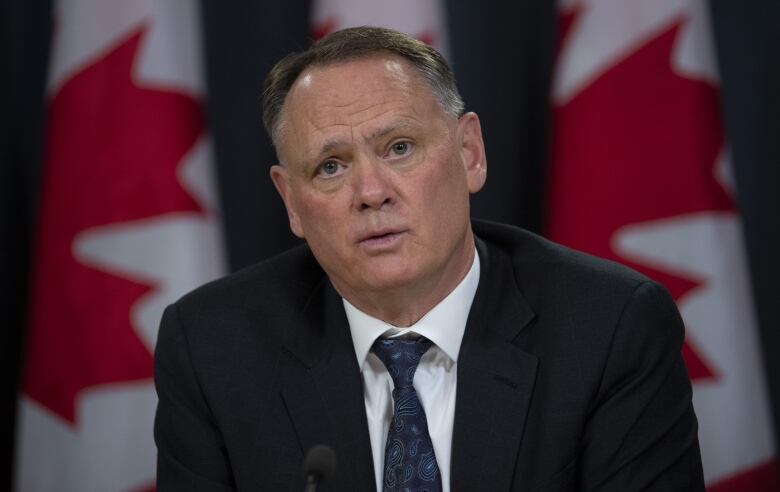 A man in a suit looks off camera, with three Canadian flags in the background. 