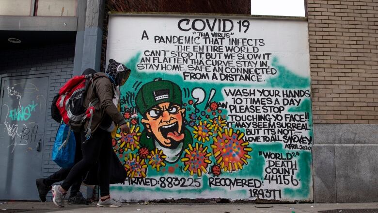 Two people walk past a mural urging health precautions to stop the spread of COVID-19.