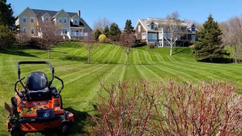 Large grassy lawns of two very large homes.