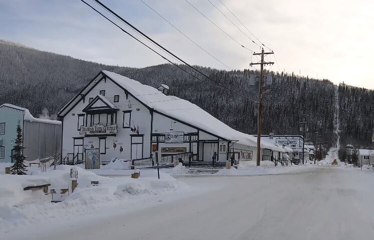 The outside of a casino on a snowy day