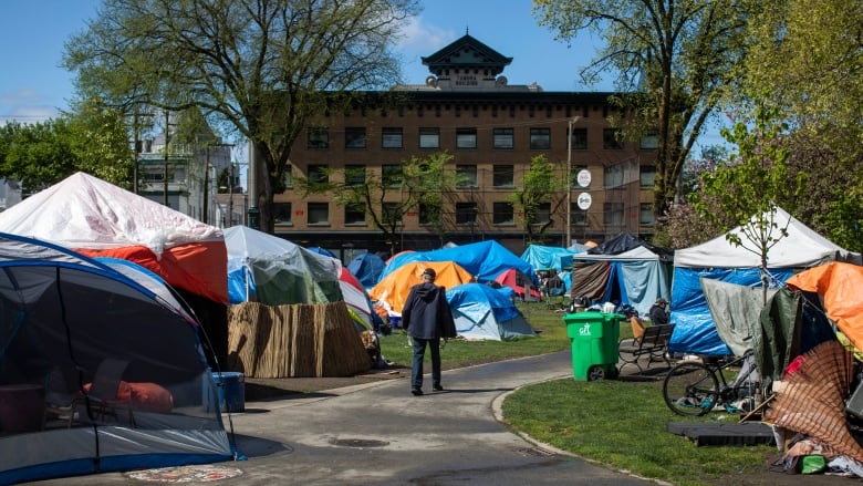 Oppenheimer Park in Vancouver's Downtown Eastside is pictured April 23, 2020, before nearly 300 people were moved out of the park and into housing. At the same time, dozens of people from the park received prescriptions to replace illicit drugs.