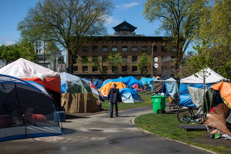 Oppenheimer Park in Vancouver's Downtown Eastside is pictured April 23, 2020, before nearly 300 people were moved out of the park and into housing. At the same time, dozens of people from the park received prescriptions to replace illicit drugs.