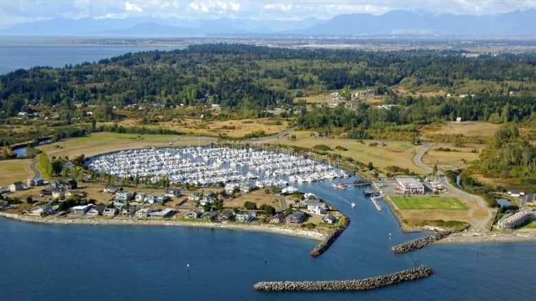 An overhead photo shows a pier filled with white boats and docks opens out to the sea with cabins on the shoreline. 