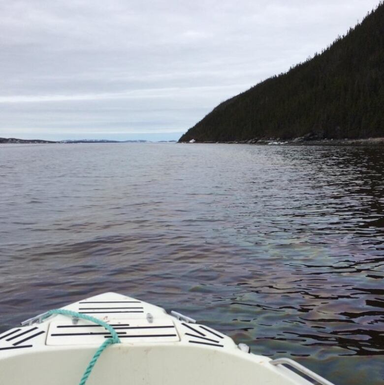 Rainbow colours are seen along the water in front of a boat. 