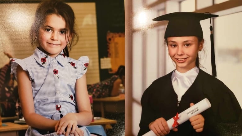 Two side-by-side photos of two young girls. 