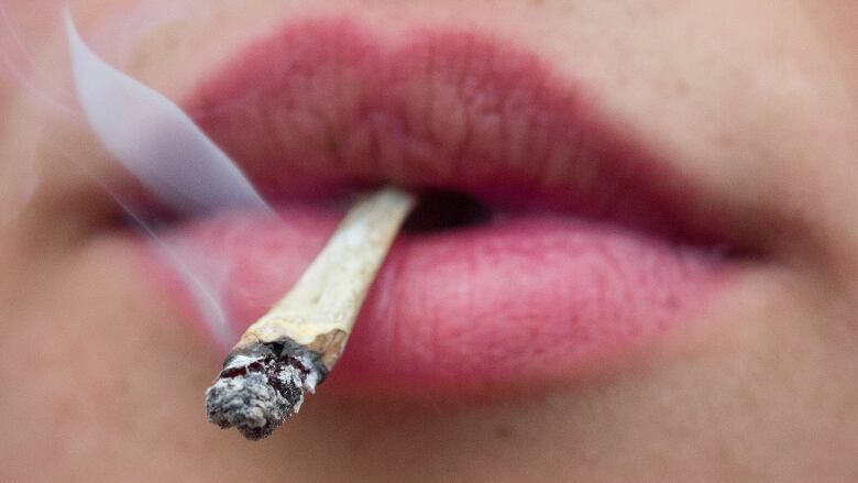 An extreme closeup shows a person's pink lips holding a smoking cannabis joint.