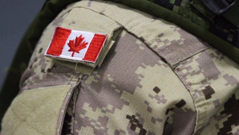 A Canadian flag patch is shown on a soldier's shoulder.