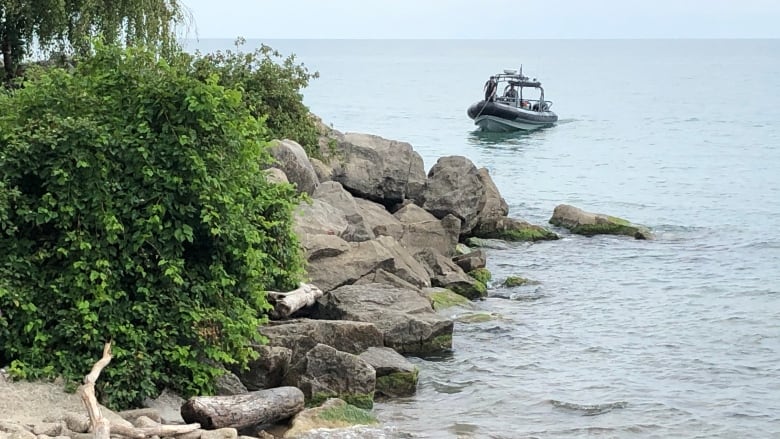 A Toronto police marine unit boat near the shore of Lake Ontario in Scarborough.