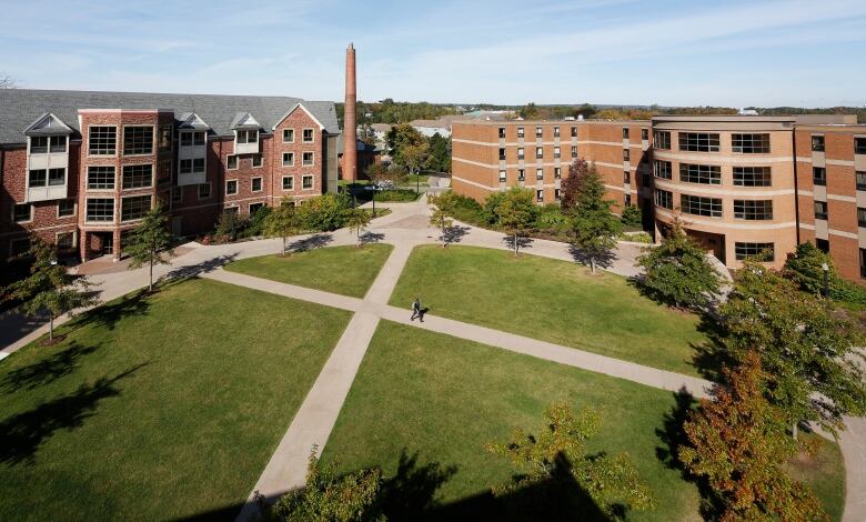 A large green space is surrounded by red brick buildings.