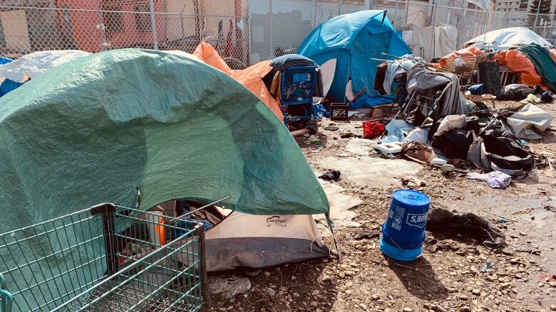 Tents, tarps and shopping cart amidst a homeless encampment. 