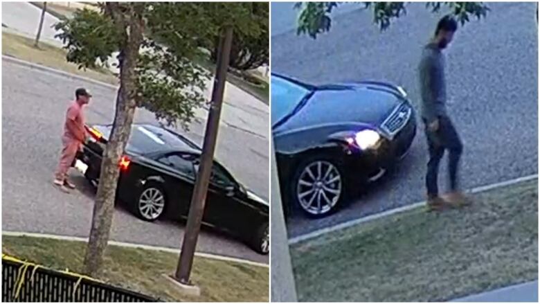 In the photo on the left, a man dressed in red stands behind a black two-door car. In the image on the right, a different man walks in front of the same vehicle. 