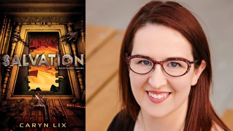 A composit image of a book cover with the with the words Salvation by Caryn Lix and a portrait of a red-haired woman with glasses smiling as she looks up at the camera.