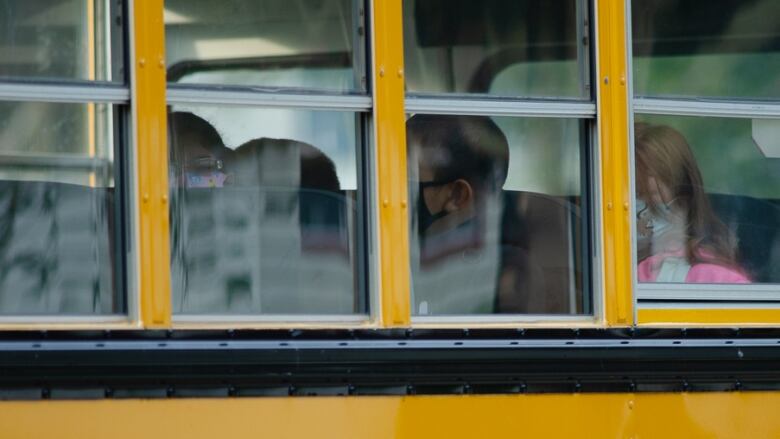 Close up of bus windows with kids