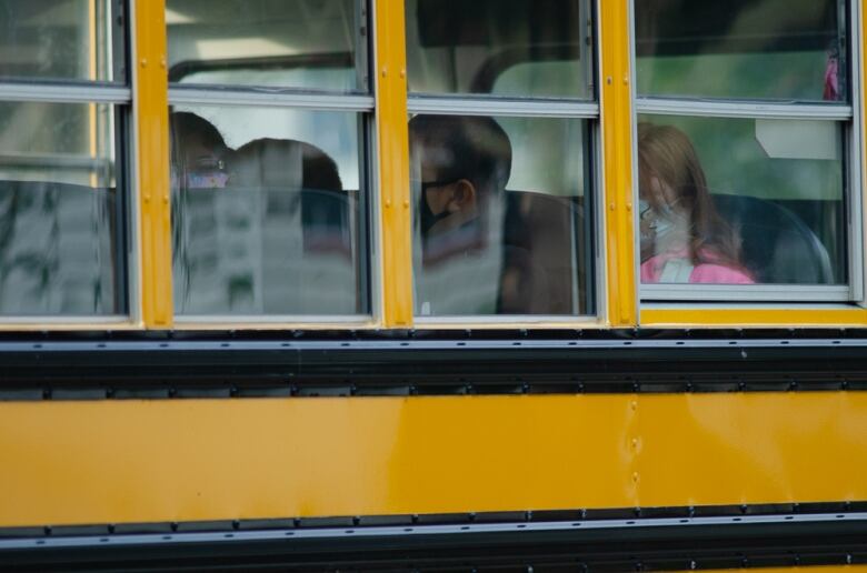 Close up of bus windows with kids