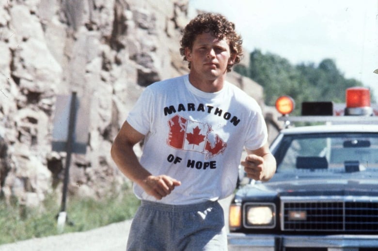 Terry Fox is shown during his run across Canada to raise money for cancer research.