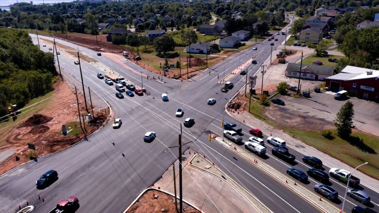 Drone photo of the intersection of St. Peters Road and the bypass highway in Charlottetown.