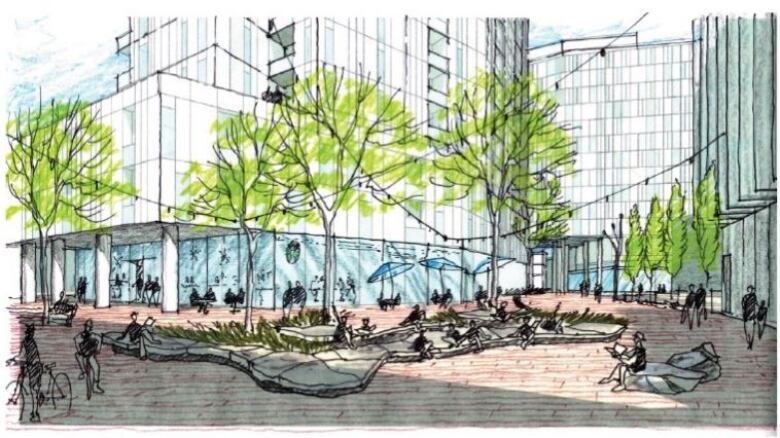 Sketch of outside space near building where groundfloor is all windows. There are trees, benches and brick walkways.