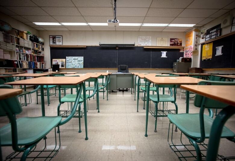 Several green desks with wooden tops sit in an empty classroom facing the board.