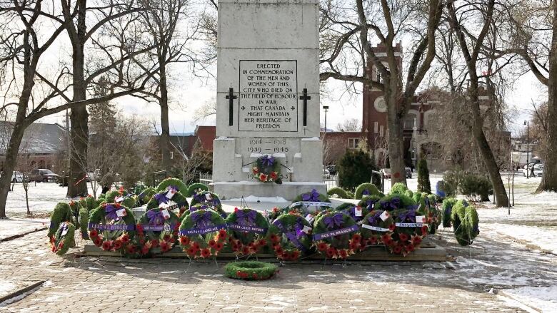 Wreathes displayed at the Waverley Park cenotaph in Thunder Bay.