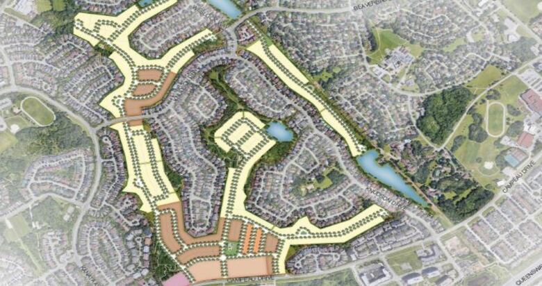 An aerial image of an area of Kanata showing a proposed development in yellow and brown