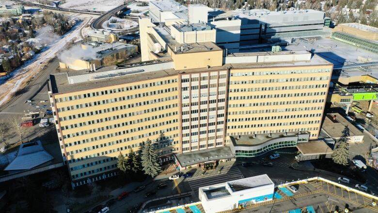 A overhead shot of a hospital building.