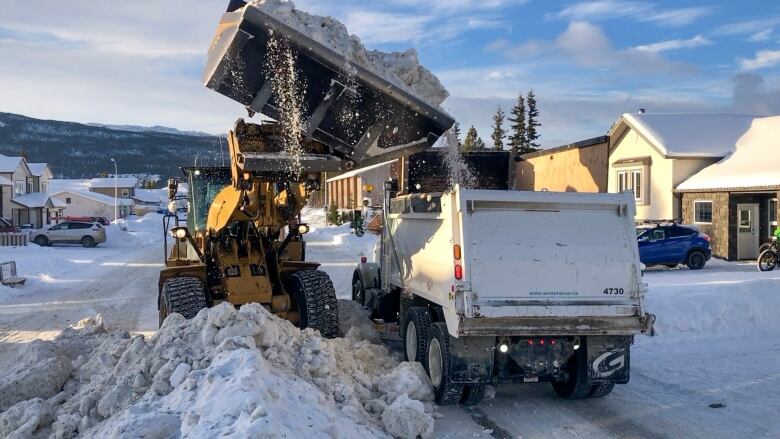 A front-end loader dumps snow into a dumptruck.