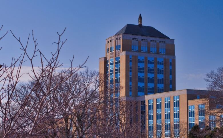 A building in the background with some bare tree branches in the foreground.