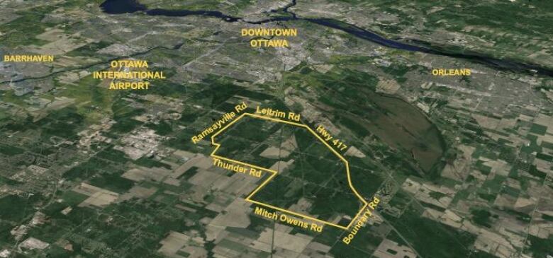 A map from early 2021 showing where the Algonquins of Ontario and Taggart would want to build the future community of Tewin. It's much larger than what is ultimately approved. 