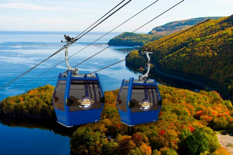 Two blue gondola cars suspended on cable above a forest in autumn colours with a blue ocean in the background.