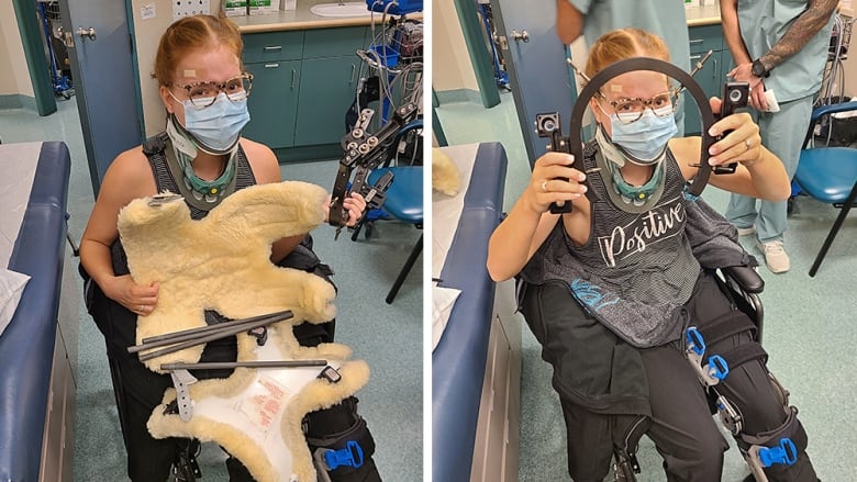 A woman in a mask in a hospital setting holds up a 'halo' brace, which was used to support her head and neck.