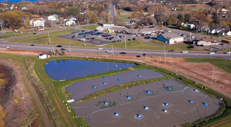 The Stratford sewage lagoons with blue floating objects 