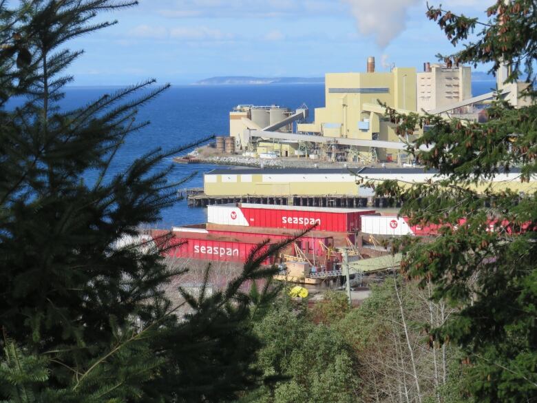 A paper mill with blue water to the left of it. There are trees branches covered in green leaves in the foreground.