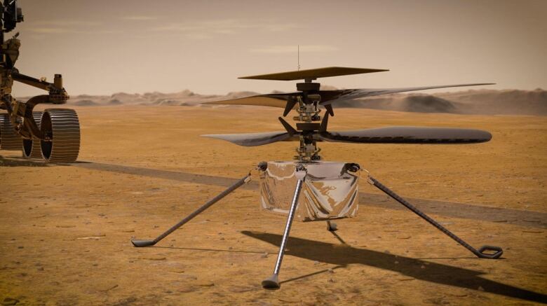 An illustration of the Ingenuity aircraft on the Martian surface