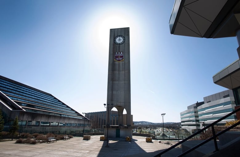 A photo of the clock tower at Memorial University.