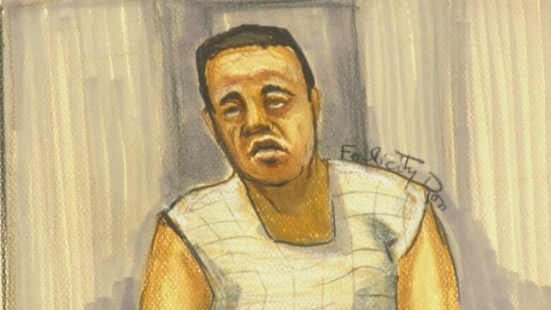 A court sketch shows a man with dark hair wearing a white vest in a prisoner's box.