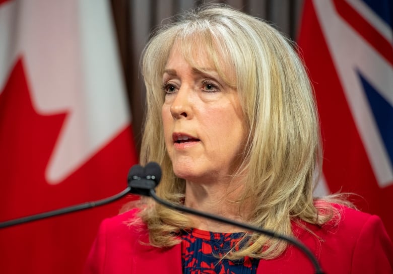 A woman is pictured at a press conference.