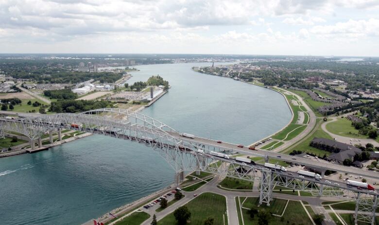 Blue Water Bridge is shown from the sky.