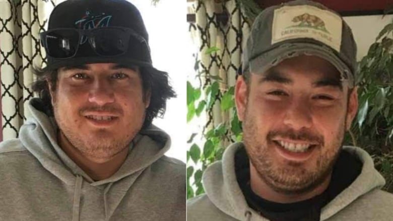 Two men in baseball caps and hoodies with stubble on their faces smile for the camera.