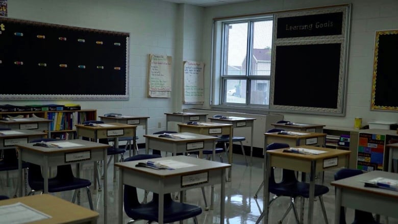 Empty classroom with spread out desks with student name labels, and school supplies on top.