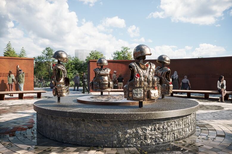 An artist's impression of a proposed memorial shows four sets of soldiers' helmets and equipment vests, facing each other in a circle. 