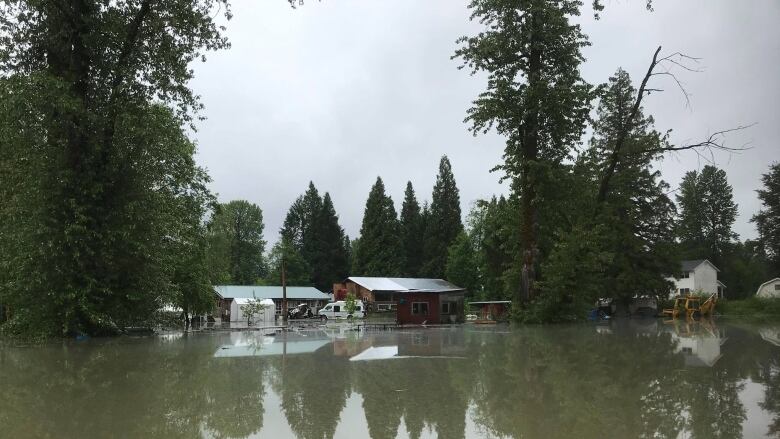 A swath of flood water with houses in the background.