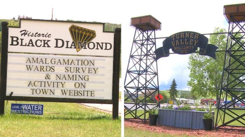 Two signs side by side. One says Black Diamond, the other reads Turner Valley. 