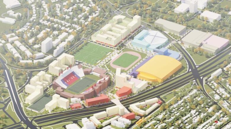 An artist's conception of the aerial view of the McMahon Stadium area, showing the football stadium, other fields and buildings, and a large field house.