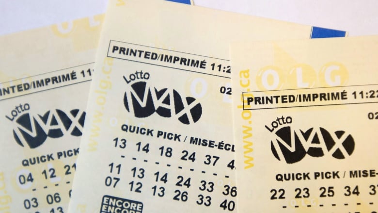 Multiple Lotto Max tickets are shown stacked next to each other. 