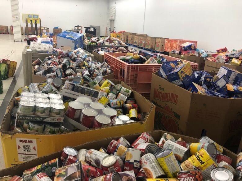 Food sorted into bins at the Roundhouse Centre warehouse hub for the second annual June 27 Miracle drive.