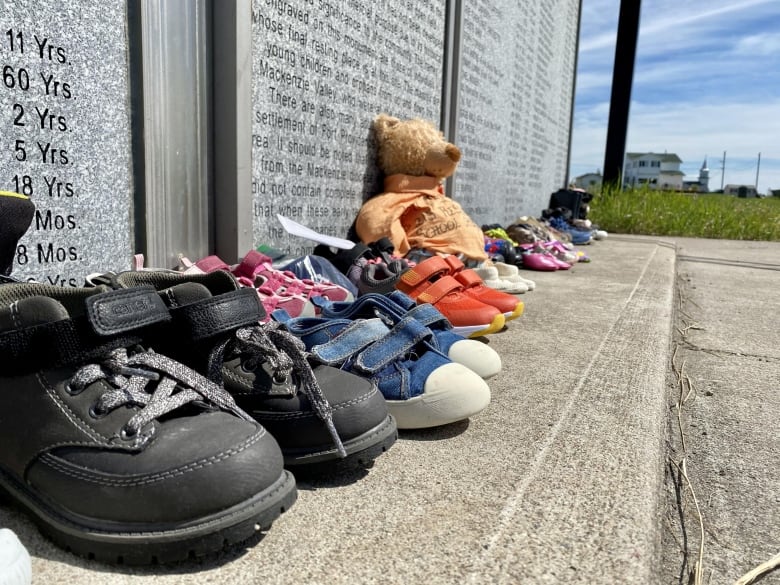 Shoes and a teddy bear in front of a large plaque bearing many names.