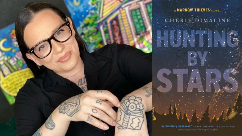 Hunting by Stars by Cherie Dimaline. Book cover shows an illustrated starry night. Portrait of the author.