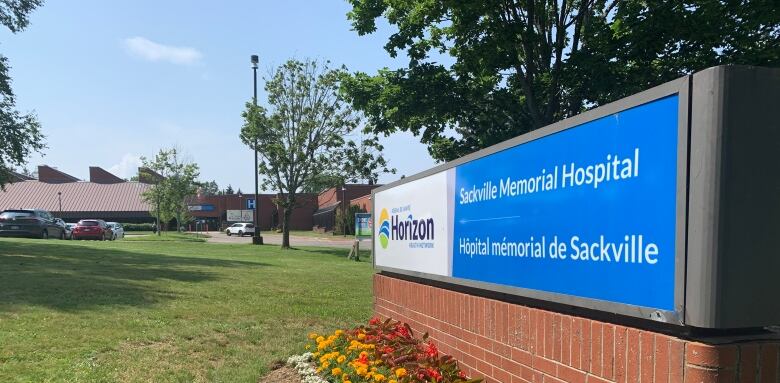 A blue and white sign sits on a brick base on the lawn in front of a hospital building, visible in the distance. There are flowers planted in front of the sign and the sign says 