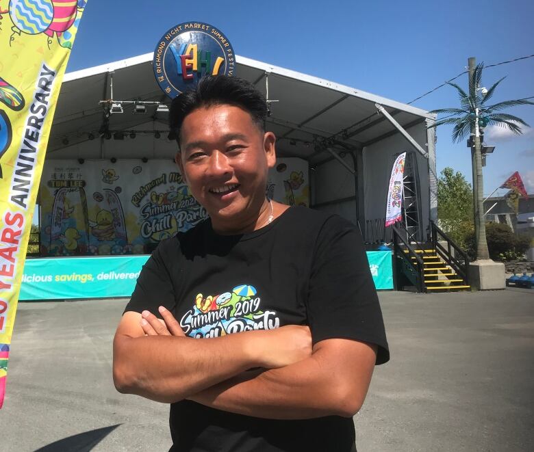 A man has his arms crossed and smiles to the camera, in the background there is a yellow banner and large outdoor stage for the Richmond Night Market.